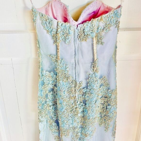 Jovani Baby Light Blue Gold Corset Slit Strapless Gown - Picture 4 of 12